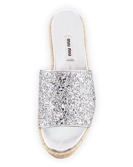 Miu Miu Glitter Platform Espadrille Slide Sandal, Argento